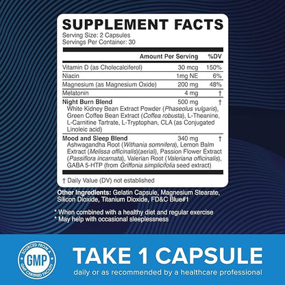 Night Time Fat Burner for Weight Loss Support & Sleep Aid | Appetite Suppressant, Carb Blocker, Overnight Metabolism Booster for Stomach Fat Burner & Night Shred with Melatonin | Non-GMO, Vegan 60ct