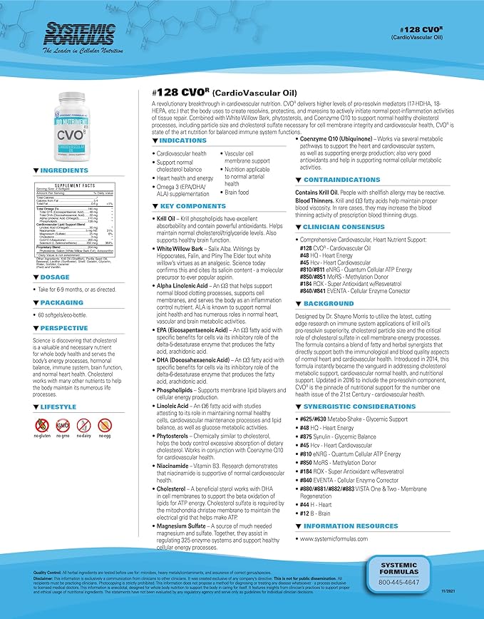 Systemic Formulas 128 CVO-R Cardiovascular Oil, 60 Softgels. Coenzyme Q10 + Krill Oil + Triglyceride Fish Oil + phytosterols. Excellent Source of EPA and DHA.