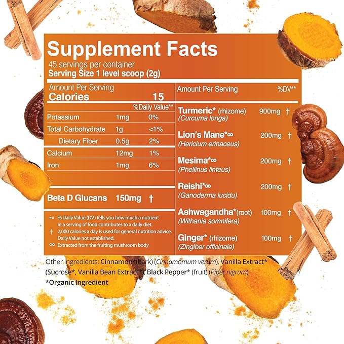 Turmeric Latte Powder - USDA Organic >5% Curcuminoid Turmeric, Lions Mane, Ashwagandha, Ginger, Cinnamon in a Resealable Glass Jar, 45 Servings - Perfect for Making Golden Milk