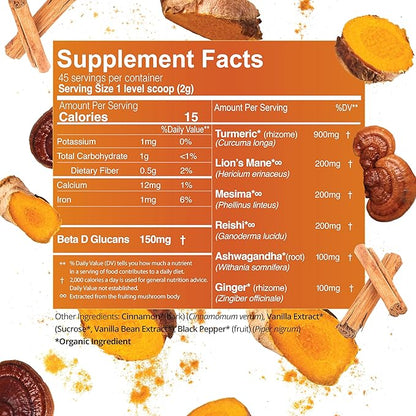 Turmeric Latte Powder - USDA Organic >5% Curcuminoid Turmeric, Lions Mane, Ashwagandha, Ginger, Cinnamon in a Resealable Glass Jar, 45 Servings - Perfect for Making Golden Milk
