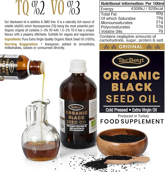100% Organic Black Seed Oil, 2% Thymoquinone, 3% Volatile Oil, Turkish Liquid, USDA Certified, Gluten Free, Non GMO, Cold-Pressed, (Original 3.38 Fl Oz)