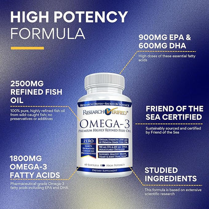 Research Verified Omega 3-1800mg Omega 3 Fish Oil - High 900mg EPA + 600mg DHA - No Aftertaste - 60 Softgel Capsules - 3 Bottles