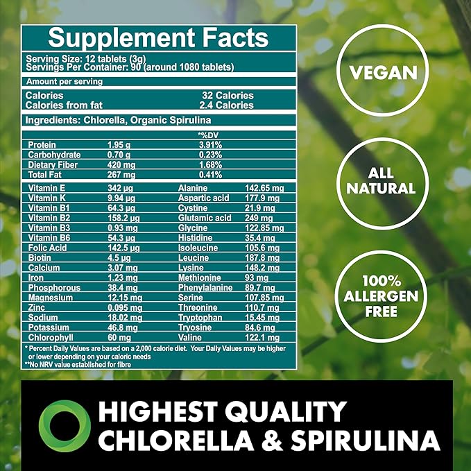 | Fermented Chlorella & Spirulina Tablets | Broken Cell Wall | 1,080 Tablets | Chlorophyll | Supergreens | Gluten-Free | Vegan | Non-GMO