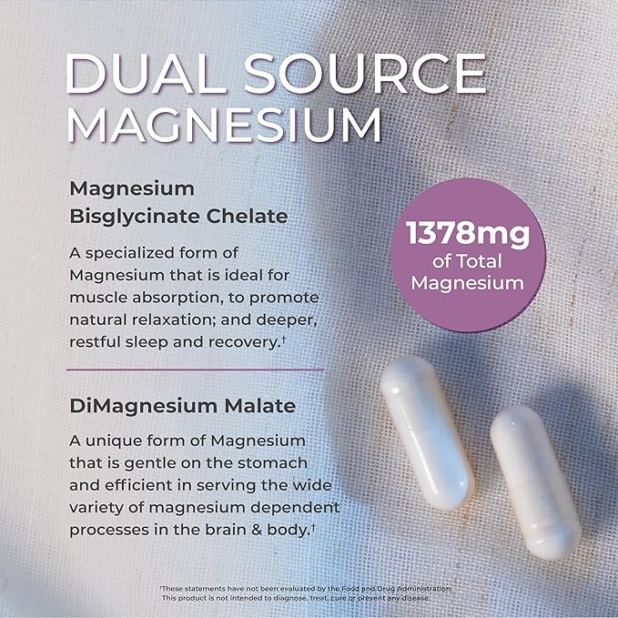 One Sol Magnesium, 1378 mg Dual Source Magnesium Bisglycinate for Sleep, Relaxation and Full Body Recovery | High Absorption | Vegan, Non-GMO, Gluten & Soy-Free | Made in USA, 60 Capsules
