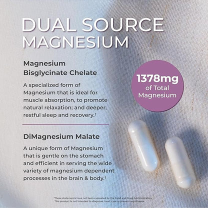 One Sol Magnesium, 1378 mg Dual Source Magnesium Bisglycinate for Sleep, Relaxation and Full Body Recovery | High Absorption | Vegan, Non-GMO, Gluten & Soy-Free | Made in USA, 60 Capsules