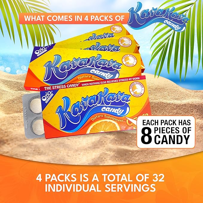 Ozia Originals Kava Kava Candy - 8 Kava Candies Per Pack, Kava Extract Stress Relief Supplement, Natural Kava Root Chill Happy Pill, Encourages Positive Mood - Orange Flavor, 4 Packs