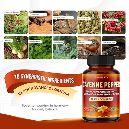 Cayenne Pepper Capsules - Ultra Complex with Cinnamon, Ginger, Cardamom, Hawthorn Berry - Support Digestion, Circulation & Overall Wellness (180 Count (Pack of 1))