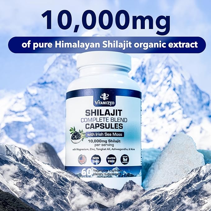Pure Himalayan Shilajit for Men & Women - Boost Stamina, Athleticism, Support Metabolism & Energy | 10,000mg Shilajit Ashwagandha Supplements + Irish Sea Moss, Tongkat Ali, PQQ & More - 60 Capsules