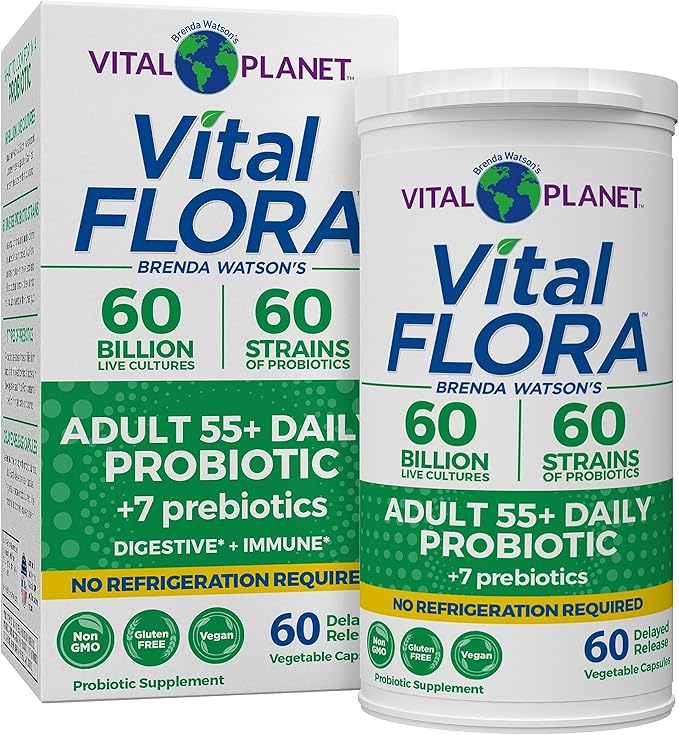 Vital Planet - Vital Flora Adults Over 55 Daily Probiotic 60 Billion CFU, Diverse Strains, Organic Prebiotics, Immune and Digestive Health Shelf Stable Probiotics for Women and Men, 60 Capsules
