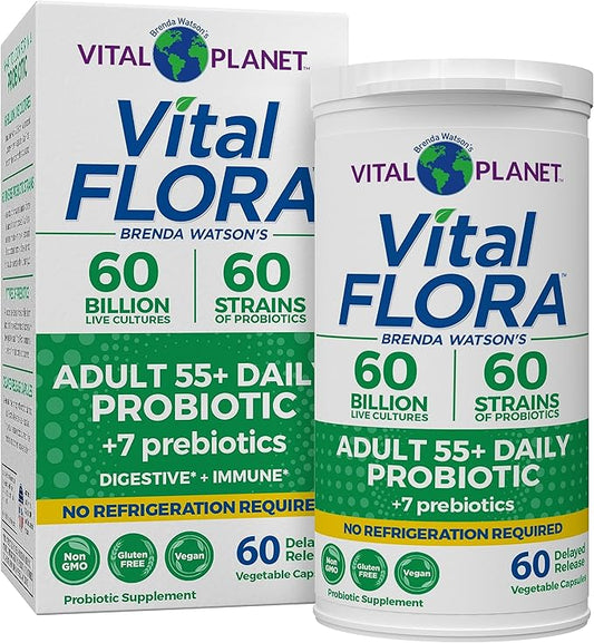Vital Planet - Vital Flora Adults Over 55 Daily Probiotic 60 Billion CFU, Diverse Strains, Organic Prebiotics, Immune and Digestive Health Shelf Stable Probiotics for Women and Men, 60 Capsules