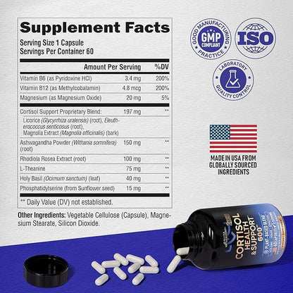 Cortisol Supplement for Women - Holy Basil | Ashwagandha | Rhodiola | L-Theanine - Plant-Based Hormone Balance - Mood, Focus & Sleep Support - Made in USA - Vegan, Non-GMO - 60 Capsules for 2 Months
