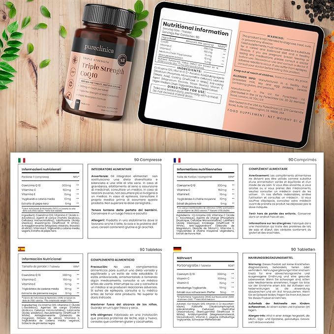 pureclinica Fermented CoQ10 300mg x 180 Tablets (2 Bottles of 90 Tablets) - 6 Months Supply. Non GMO, USP Grade. with Added Vitamin C & Black Pepper Extract for Absorption.