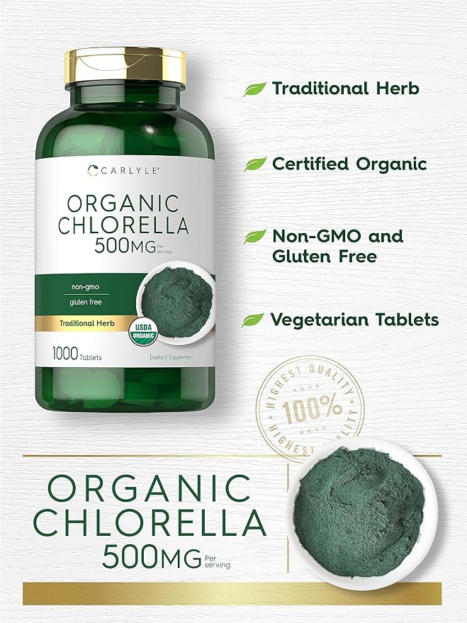 Carlyle Chlorella Tablets Organic 500 mg | 1000 Count | Vegetarian, Non-GMO, and Gluten Free Supplement