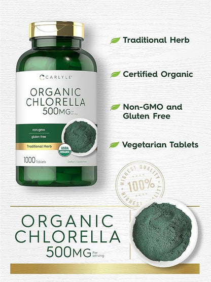 Carlyle Chlorella Tablets Organic 500 mg | 1000 Count | Vegetarian, Non-GMO, and Gluten Free Supplement