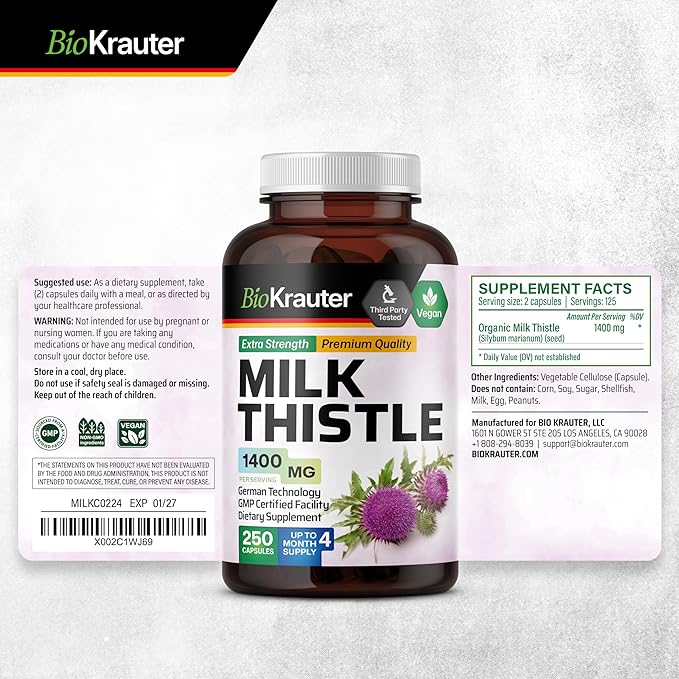 BIO KRAUTER Milk Thistle Capsules 1400 mg - 250 Count - Liver Detox & Cleanse Supplement - Vegan Silymarin Capsules - Milk Thistle Powder - Non GMO