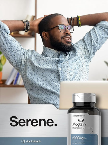Horbäach Magtein Magnesium L-Threonate | 2000mg Supplement | 100 Capsules | for Men & Women | Non-GMO and Gluten Free