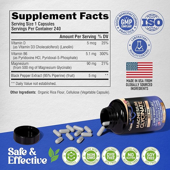 Magnesium Glycinate 500 mg - Chelated Supplement - 98% High Absorption - Support for Sleep, Muscle & Heart Health - Made in USA, Lab Tested & Non-GMO - 240 Capsules