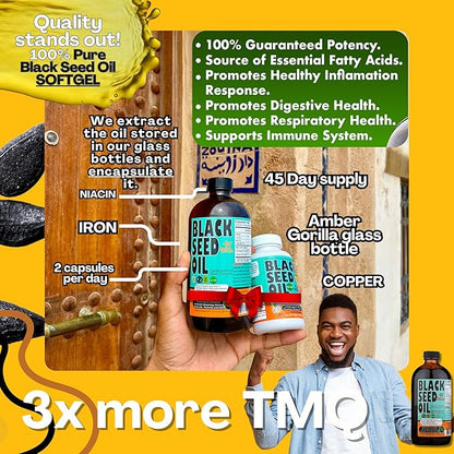 Black Seed Oil Capsules 1000mg - Lab Tested Turkish Nigella Sativa with 3X Thymoquinone (90 Softgels) - USA Made, Cold-Pressed Kalonji Oil - Pure Non-GMO Sweet Sunnah for Hair, Brain & Immune Support