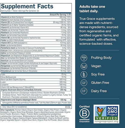 True Grace One Daily Men’s Multivitamin Fermented Minerals, Organic Adaptogens & Mushrooms Whole Body Balance Immune, Endurance, Bone & Heart Support - Non-GMO, Gluten Free - 30 Vegan Tablets