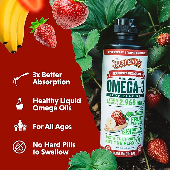 Barlean's Strawberry Banana Flaxseed Oil Liquid, Vegan Omega 3 6 9 Supplements for Kids & Adults from Cold Pressed Flax Seed Oil with 2,968 mg of Vegan Omegas, Non-GMO & Gluten Free, 8 oz