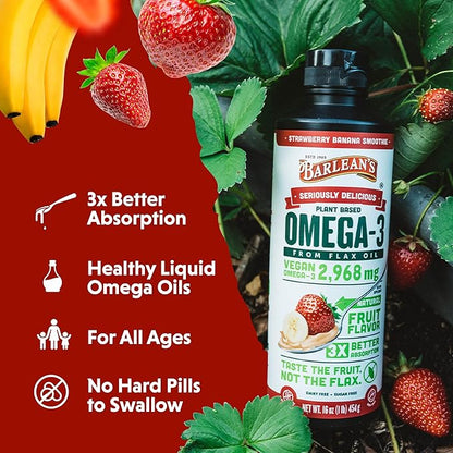 Barlean's Strawberry Banana Flaxseed Oil Liquid, Vegan Omega 3 6 9 Supplements for Kids & Adults from Cold Pressed Flax Seed Oil with 2,968 mg of Vegan Omegas, Non-GMO & Gluten Free, 8 oz