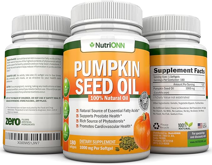 Pumpkin Seed Oil - 1000MG - 180 Softgels - Cold-Pressed Natural Pumpkin Seed Oil - Natural Source of Essential Fatty Acids - Great for Hair Growth, Prostate Health and GI Tract