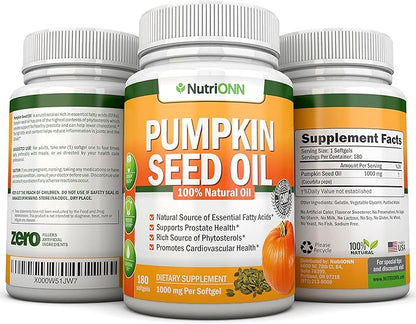 Pumpkin Seed Oil - 1000MG - 180 Softgels - Cold-Pressed Natural Pumpkin Seed Oil - Natural Source of Essential Fatty Acids - Great for Hair Growth, Prostate Health and GI Tract