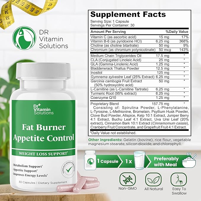 Dr. Vitamin Fat Burner & Appetite Control Weight Loss Supplements for Women & Men - Metabolism Booster w/ L-Carnitine, CLA, Chromium - Appetite Suppressant for Weight Loss - 30 Belly Fat Diet Pills