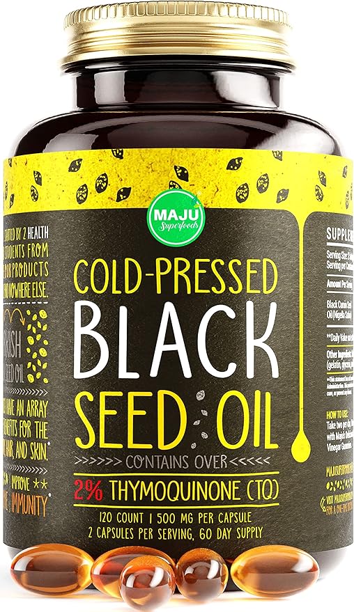 Maju Superfoods Black Seed Oil Capsules, Strong Cold Pressed, 2% Thymoquinone, 100% Turkish Black Cumin Nigella Sativa Seed Oil, Organic BSO, Liquid Blackseed Oil, 120 Count, 500mg per Capsule