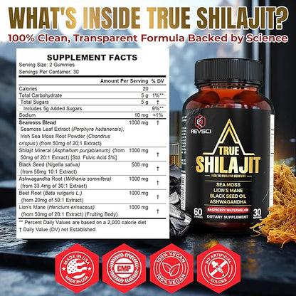 Pure Himalayan Shilajit Gummies for Men – Energy & Focus Support with Ashwagandha & Sea Moss, Pure Shilajit for Women, True Gold Himalayan Shilajit Resin Gummies, Vegan & Non-GMO, 60 Count