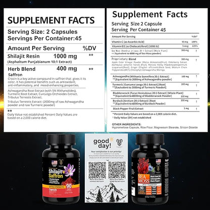 Pure Himalayan Saffron Shilajit and Sea Moss for Men & Women-Shilajit Capsules & Sea Moss Capsules Organic- Ashwagandha & Black Seed Oil Ashwagandha Burdock Root-All in One Supplement