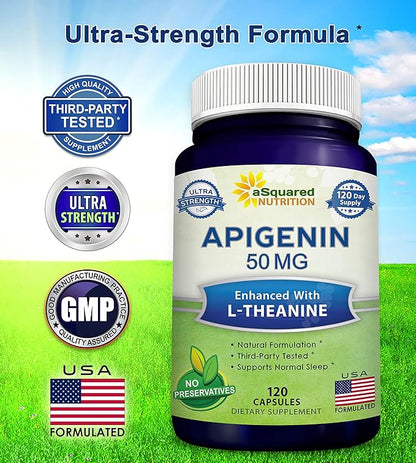 aSquared Nutrition Apigenin 50mg & L-Theanine 200mg - 120 Capsules - Apigenin Supplement Pills for Sleep and Relaxation - Natural Bioflavonoid Extract Found in Chamomile Tea