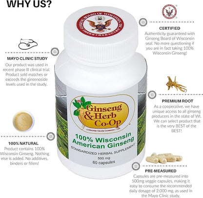 100% Pure Wisconsin American Ginseng Capsules - 500mg. Authentic Panax Quinquefolius. Potent Ground Ginseng Root - No Fillers, Binders or Other Additives.