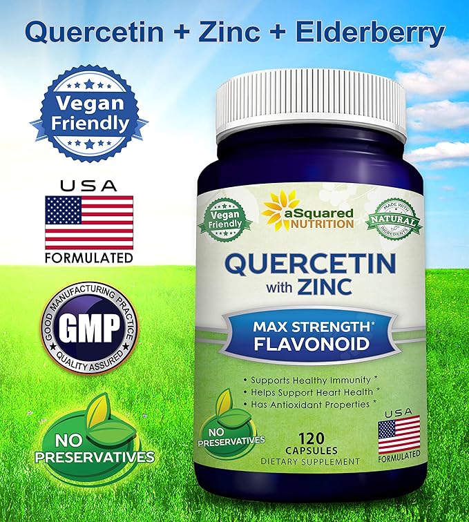 aSquared Nutrition Quercetin 1000mg with Zinc Supplement - 120 Capsules - Quercetin Dihydrate with Black Elderberry & Zinc - Max Strength Powder Complex Pills to Help Improve Immune Response