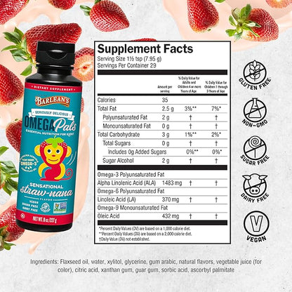 Barlean's Omega Pals Omega 3 for Kids, Yummy Straw-Nana Flavored Children's Liquid Flax Seed Oil Supplement with 1,483 mg ALA, Non-GMO, Vegan Brain and Eye Health, 8 oz