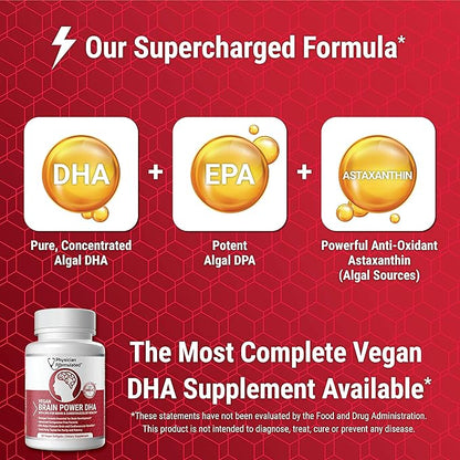 Vegan DHA for Brain and Prenatal 100% Algae Based Omega 3 Essential Fatty Acids with NO Carrageenan, NO Vegetable Oil Plus 2500mcg Astaxanthin