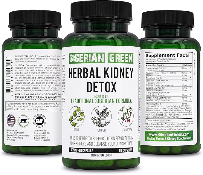 Herbal Kidney Detox 60 Capsules – Cranberry Birch Juniper Traditional Siberian Formula