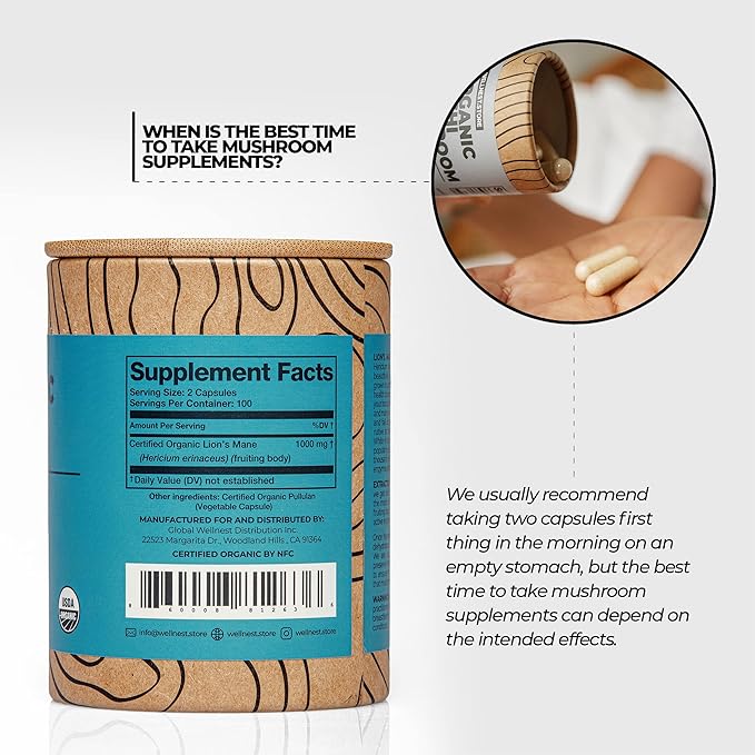 Lions Mane Mushroom Organic Supplement (Hericium Extract) 200 Veggie Caps - Immune Support Supplement; Improve Cognitive Function + Promote Vitality, Protect Nerve Cells