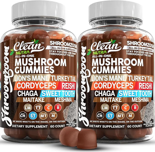 15in1 Mushroom Gummies with Lion's Mane Turkey Tail Cordyceps Reishi Chaga Sweet Toot Maitake Meshima Poria Cocos Shiitake Tremella, Oyster Agaricus Mushrooms for Men and Women Supplement - 2Pack