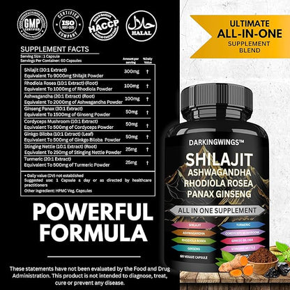 8-in-1 Shilajit 9000 Panax Ginseng 1500MG Ashwagandha 2000MG Rhodiola Rosea 1000MG, Turmeric 500MG, Gingko Biloba 500mg, Stinging Nettle 250MG, Cordyceps Mushroom 500mg for Full Body Power
