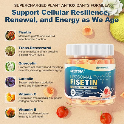 Liposomal Fisetin 200mg & Resveratrol Complex 500mg Liquid Gummies - Longevity & Cell Renewal Support - 98% High Purity Fisetin,Trans-Resveratrol Quercetin Luteolin with Vitamins C & E, 1-A-Day, 60Cts