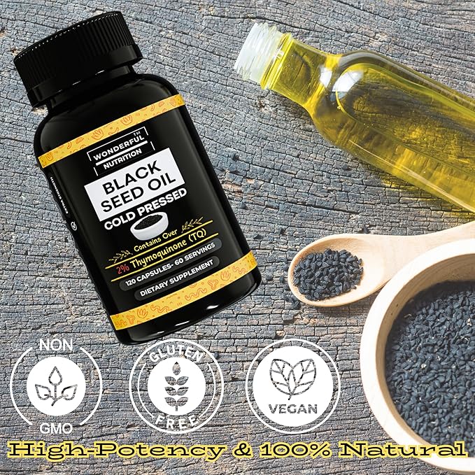 Black Seed Oil - 120 Softgels, 1000mg/Serving, 2% Thymoquinone, Black Cumin Seed Oil, Nigella Sativa, Black Seed Oil Organic Cold Pressed- Supports Health, Hair, Skin & Nails
