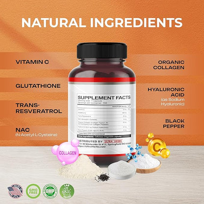 Glutathione Supplement Active Reduced Form, Enriched with Resveratrol, NAC, Collagen, Hyaluronic Acid, Vitamin C - Advanced Antioxidant for Immunity & Detox | 150 Capsules