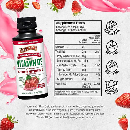 Barlean's Liquid Vitamin D, 5000 IU D3, Strawberry Milkshake Flavored for Kids and Adults, Maximum Absorption, Non-GMO, Gluten-Free - 5.6 oz