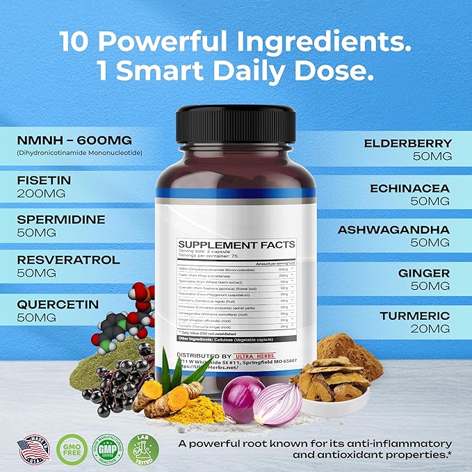 NMNH 10-in-1 – Fisetin, Resveratrol, Spermidine, Elderberry, Ashwagandha, Echinacea, Ginger, Turmeric – Cellular Health & Energy – 150 Capsules – Made in USA