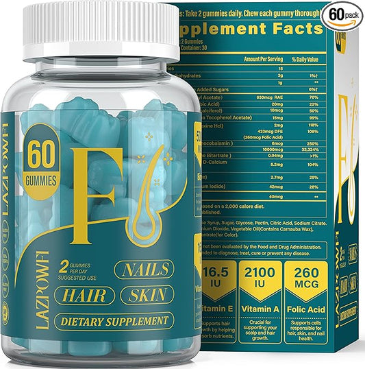 Biotin Gummies -Hair Skin and Nails Vitamins for Men & Women, Vegan Vitamin B7, Supports Hair Growth and Stronger Nails,30 Day Supply - Blueberry-60 Counts
