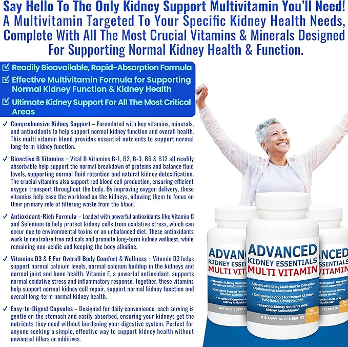 Advanced Kidney Essentials Multivitamin. Kidney Support Supplement for Complete Kidney Health. Kidney Health Supplement with Renal Vitamins 90 Caps