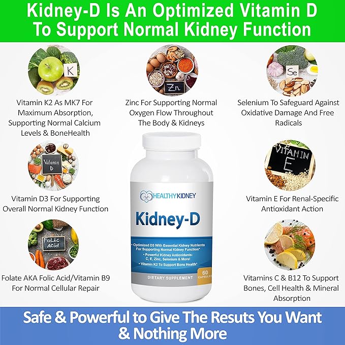 Kidney-D Kidney Supplement. Vitamin D Optimized for Kidney Support. Vitamin D3 and 7 Kidney Vitamins and Nutrients Designed for Kidney Health and More