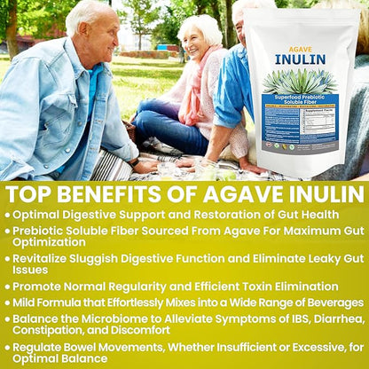 Organic Inulin Powder (16oz/1lbs) Gentle Agave Inulin Prebiotic Soluble Fiber Supplement for Digestive Support, Gut Health, Vegan Baking, Smoothies & Drinks