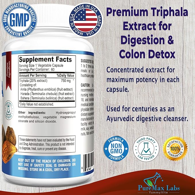 Triphala Capsules - Combination of Amla, Harada (Haritaki) & Bahera (Bibhitaki) - Digestion & Colon Support, Immune System Support - 60 Capsules